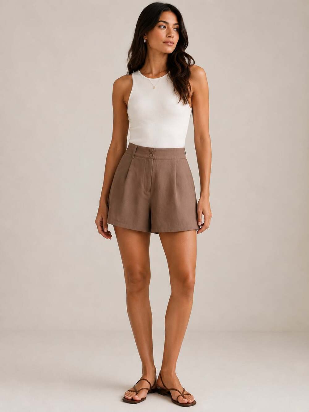 Versona Modern Brown Pleated High Waisted Dress Shorts